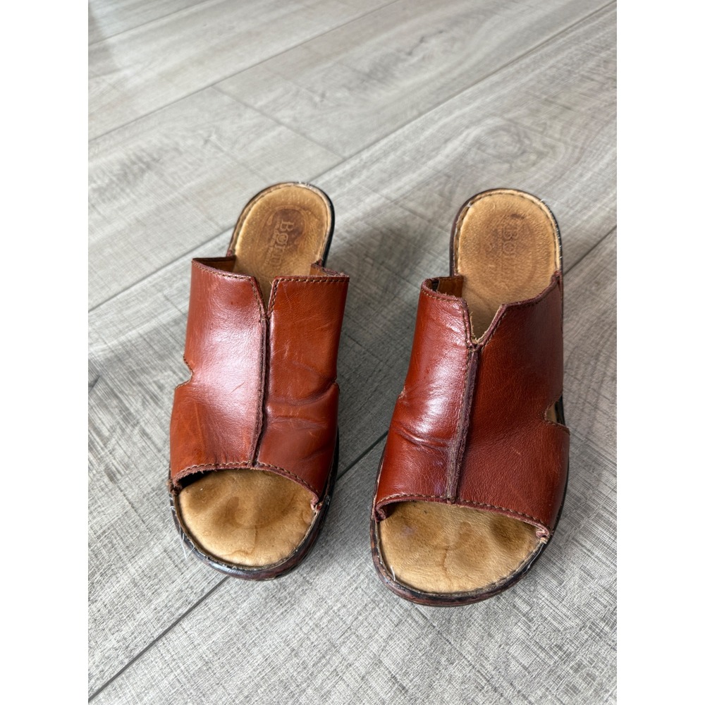 Born Brown Leather Heeled Slide Sandals Mules B04326 Size 8 Open Toe Clogs